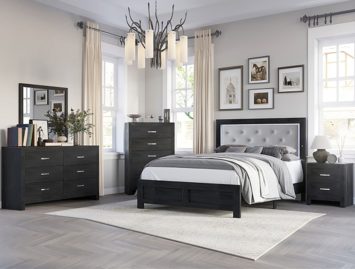 Crown Mark Furniture Jaylen Queen Upholstered Panel Bed in Black
