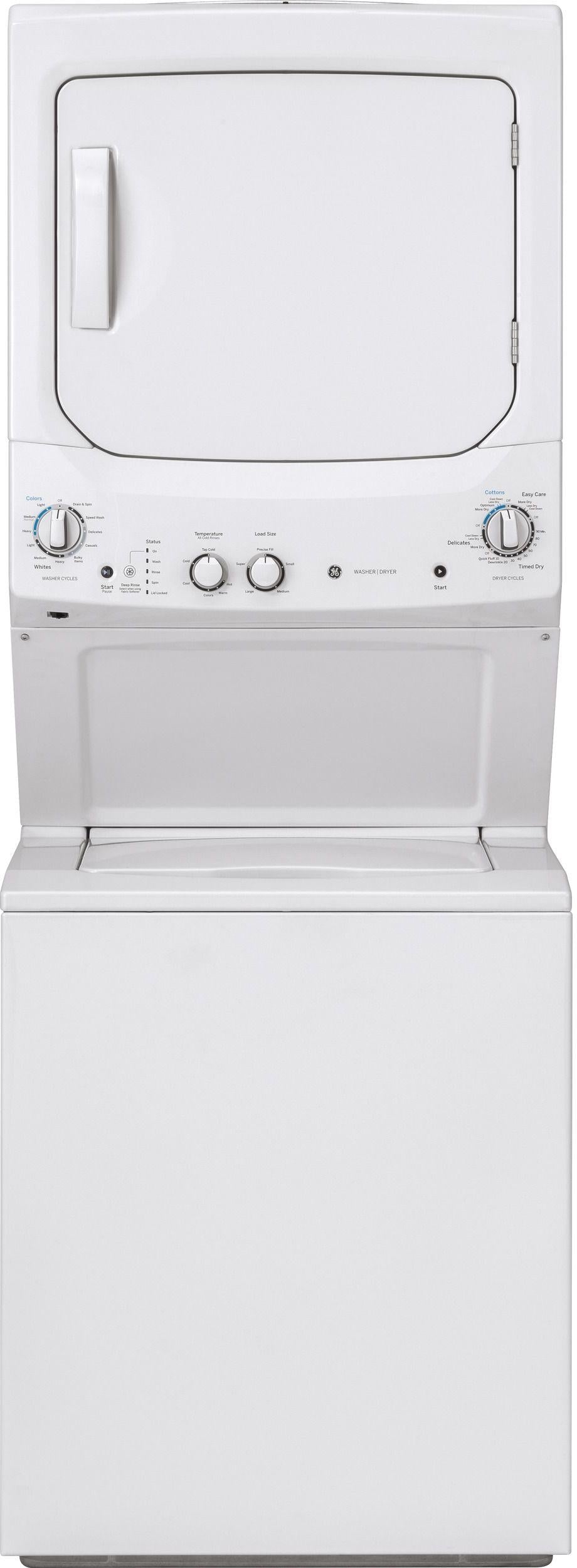 GE 3.8 Cu. Ft. Washer, 5.9 Cu. Ft. Dyer White on White Stack Laundry image