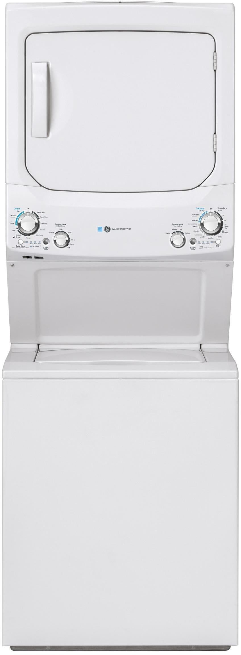 GE Unitized Spacemaker 3.9 Cu. Ft. Washer, 5.9 Cu. Ft. Dryer White Stack Laundry image