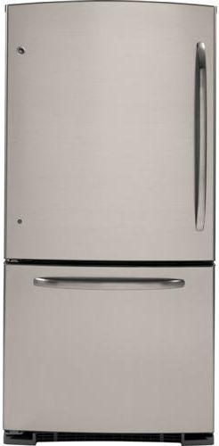 23.2 cu. ft. Bottom-Freezer Refrigerator with 3 Adjustable Glass Shelves, Upfront Electronic Controls, Gallon Door Bins, Ice Maker and BrightSpace Interior with GE Reveal Lighting: Right Hand Door Swing: CleanSteel