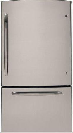 23.2 cu. ft. Bottom-Freezer Refrigerator with 3 Adjustable Glass Shelves, Upfront Electronic Controls, Gallon Door Bins, Ice Maker and BrightSpace Interior with GE Reveal Lighting: Right Hand Door Swing: CleanSteel image