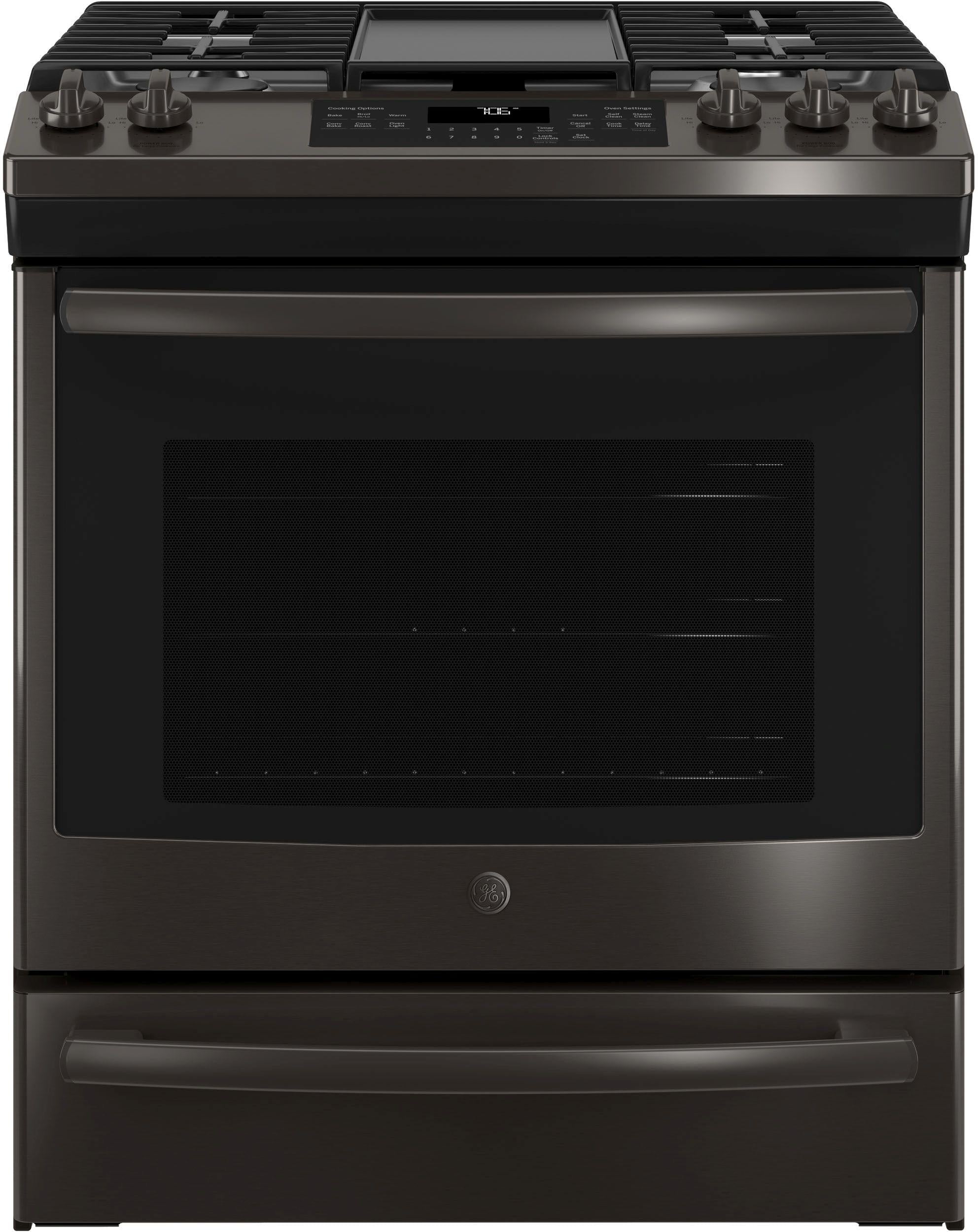 GE 30" Slide In Convection Gas Range-Black Stainless image